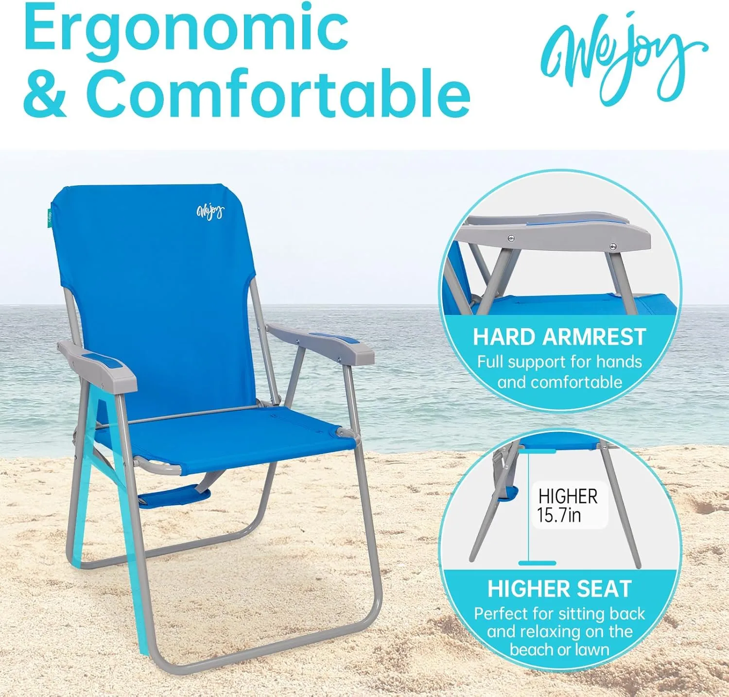 #WEJOY Folding Beach Chair for Adults, Lightweight Beach Chair with Shoulder Straps, High Back Beach Chairs with Hard Armrest, Supports 300lbs for Beach Lawn Concert