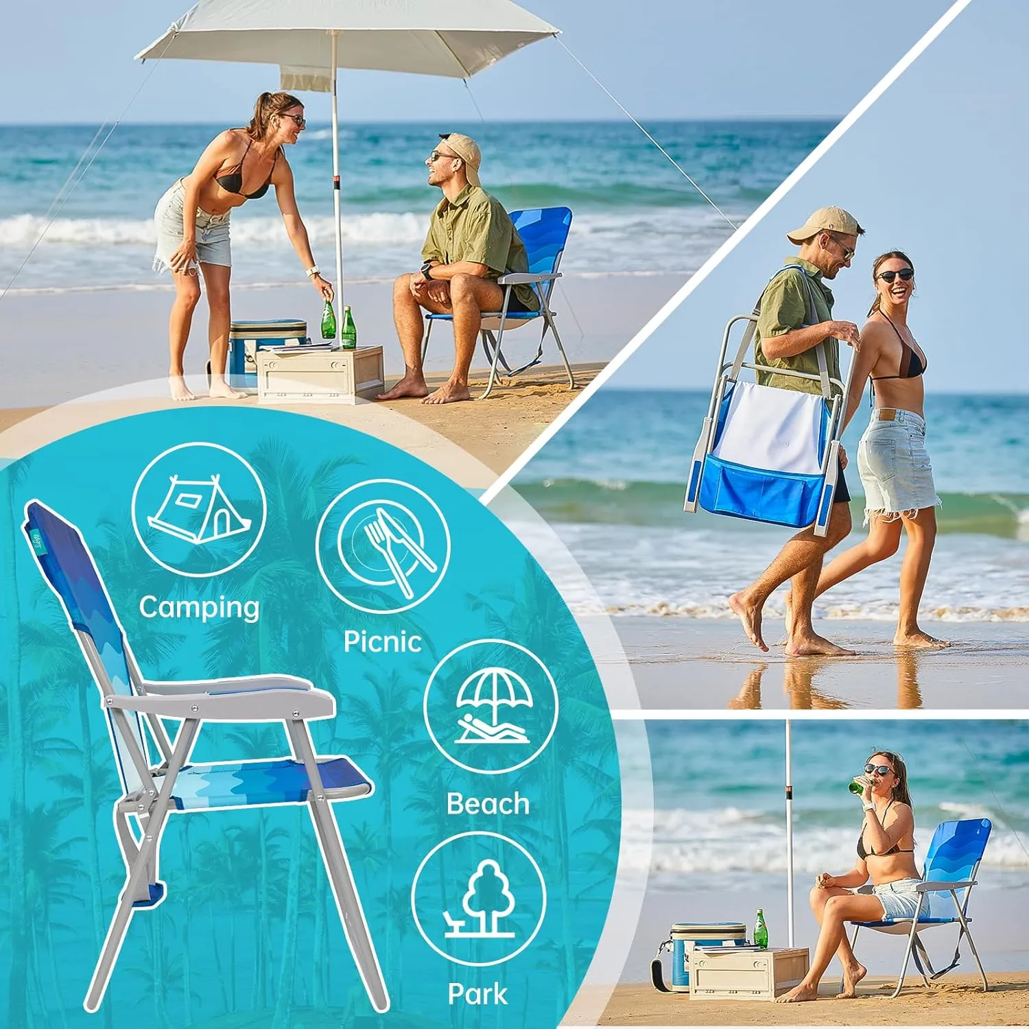 #WEJOY Folding Beach Chair for Adults, Lightweight Beach Chair with Shoulder Straps, High Back Beach Chairs with Hard Armrest, Supports 300lbs for Beach Lawn Concert