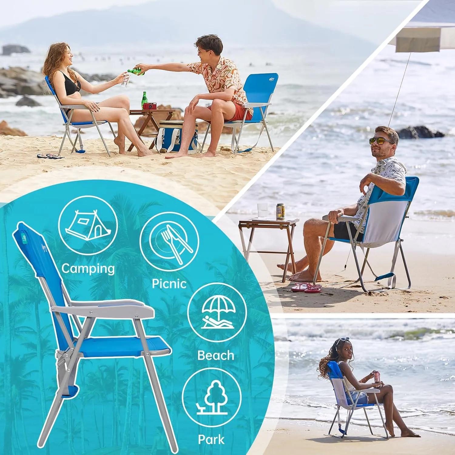 #WEJOY Folding Beach Chair for Adults, Lightweight Beach Chair with Shoulder Straps, High Back Beach Chairs with Hard Armrest, Supports 300lbs for Beach Lawn Concert