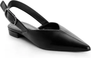 White Slingback Flat Shoes for Women Pointed Toe Adjustable Buckle Flat Mule Sandals Casual Comfortable Office Dressy Shoes