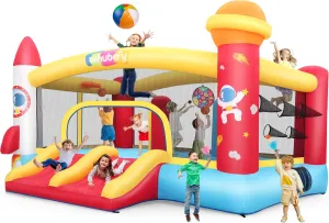 Whubefy Inflatable Bounce House for Big Kids 8-12 Space Rocket Theme Large Bouncy Castle with Dual Racing Slides, Obstacle Punching Pillars, Dual Basketball Hoops, Dart Board & Ball Toss Game