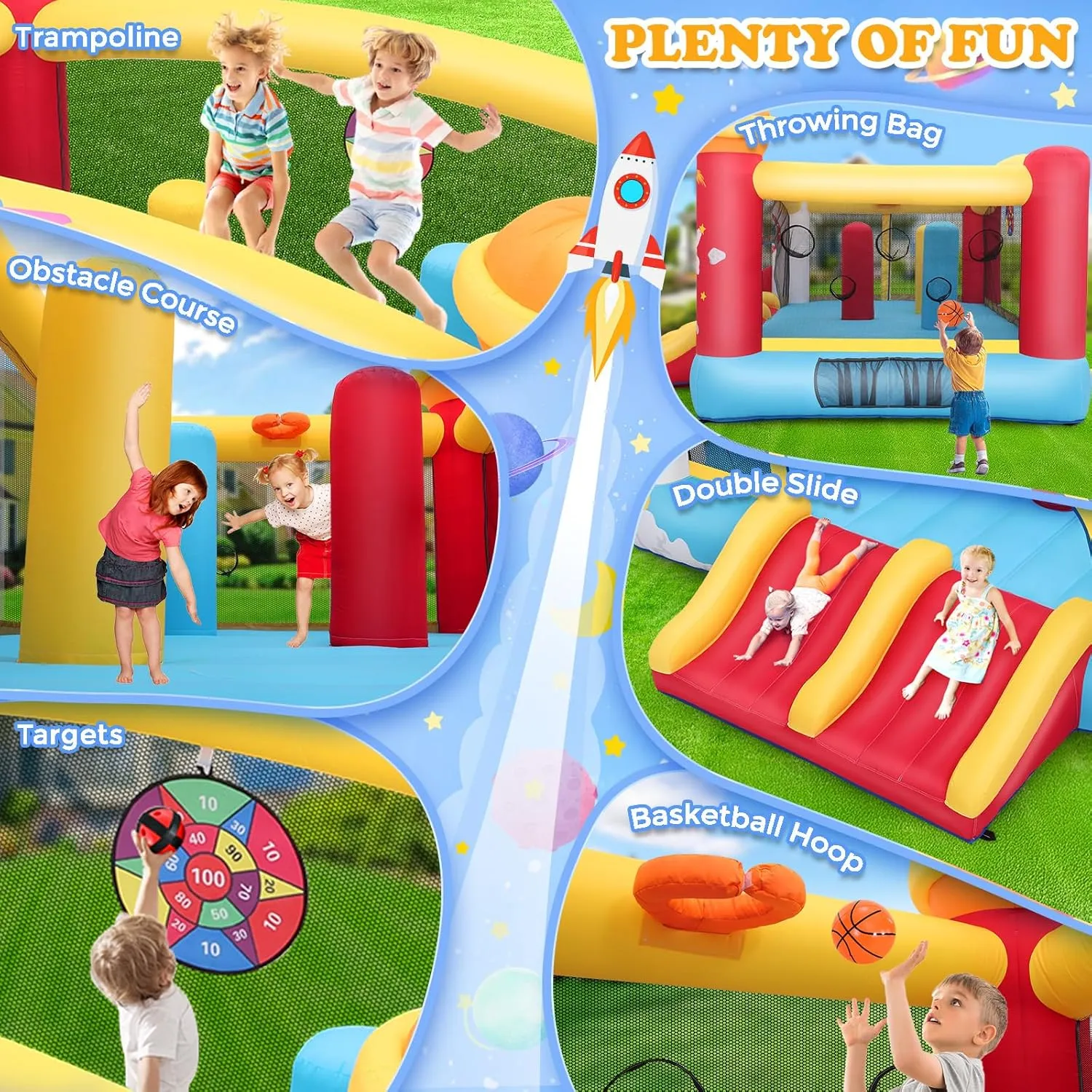 Whubefy Inflatable Bounce House for Big Kids 8-12 Space Rocket Theme Large Bouncy Castle with Dual Racing Slides, Obstacle Punching Pillars, Dual Basketball Hoops, Dart Board & Ball Toss Game