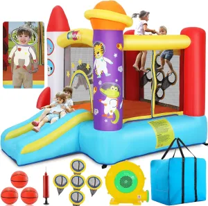 Whubefy Inflatable Bounce House for Kids 3-6 Space Rocket-Themed Bouncy Castle with Ball Toss Game, Animal Astronaut Cosplay, Slide & Blower, Basketball Rim, Toddler Indoor Outdoor