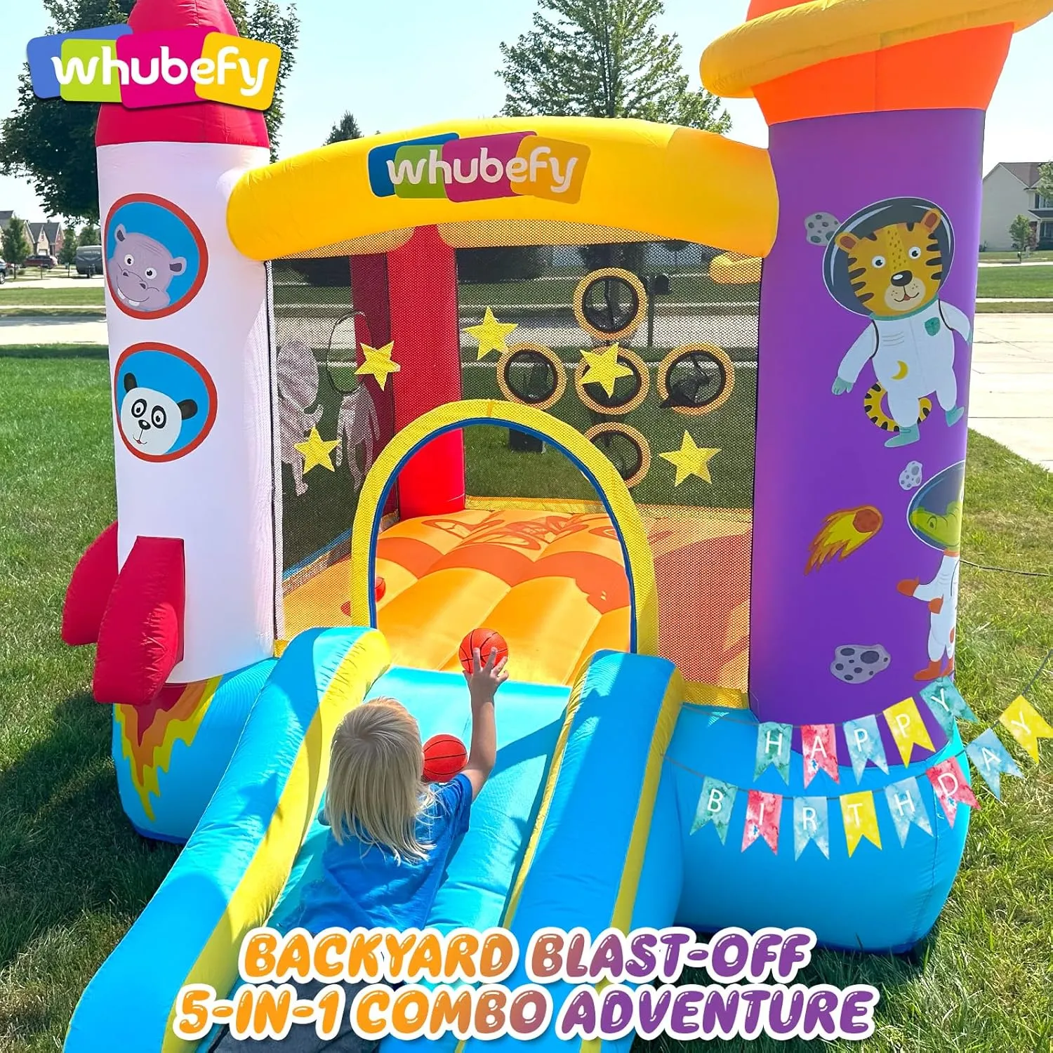 Whubefy Inflatable Bounce House for Kids 3-6 Space Rocket-Themed Bouncy Castle with Ball Toss Game, Animal Astronaut Cosplay, Slide & Blower, Basketball Rim, Toddler Indoor Outdoor