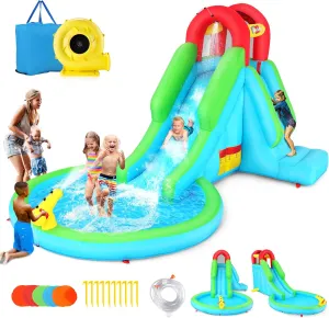 Whubefy Water Slide, Inflatable Water Slide Park Bounce House for Kids 3-6 with Blower, Inflatable Pool, Sprinkler, Inflatable Penguin Dolls, Blow up Water Slides for Kids Backyard Outdoor Party Gift