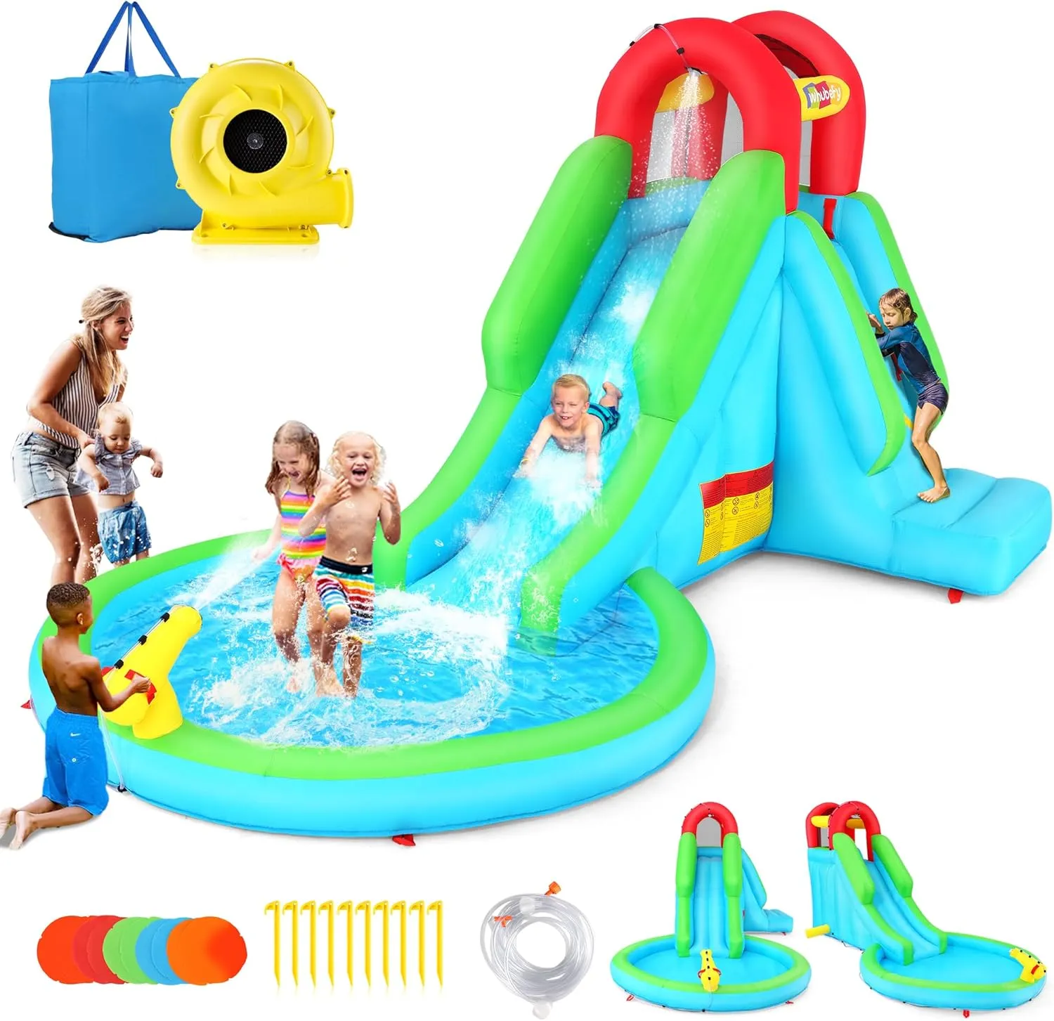 Whubefy Water Slide, Inflatable Water Slide Park Bounce House for Kids 3-6 with Blower, Inflatable Pool, Sprinkler, Inflatable Penguin Dolls, Blow up Water Slides for Kids Backyard Outdoor Party Gift