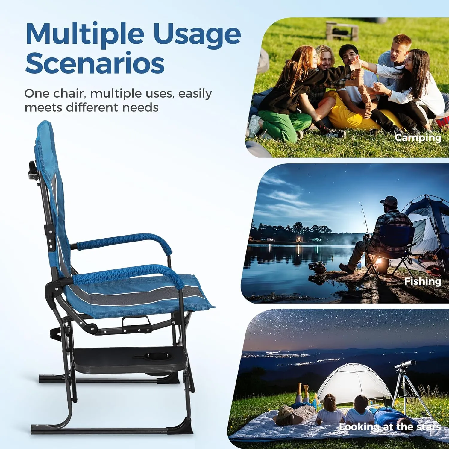 Wide Comfortable Outdoor Folding Chair Adjustable Backrest Durable Oxford Fabric Sturdy Metal Frame for Camping Hiking Beach (1,Blue)