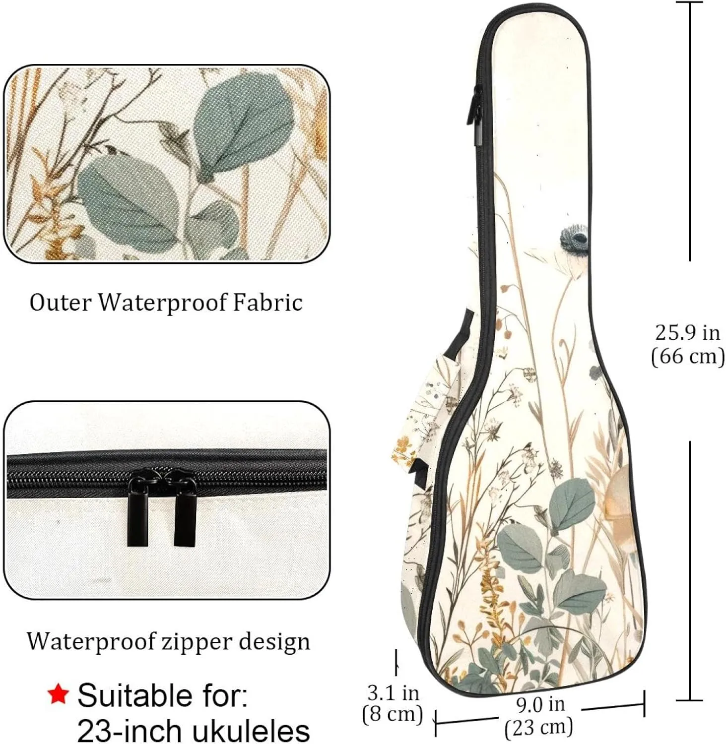 Wildflowers Beige White Vintage Ukulele Case, Padded Bag for 23 Inch Concert Ukulele, Waterproof & Durable
