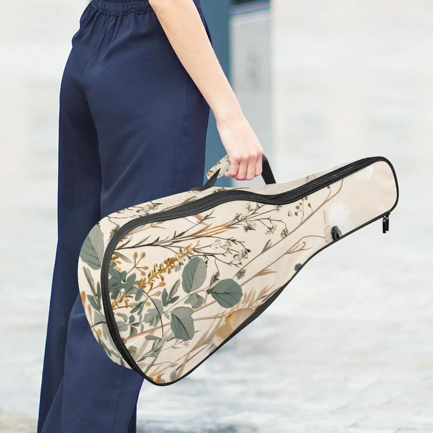 Wildflowers Beige White Vintage Ukulele Case, Padded Bag for 23 Inch Concert Ukulele, Waterproof & Durable