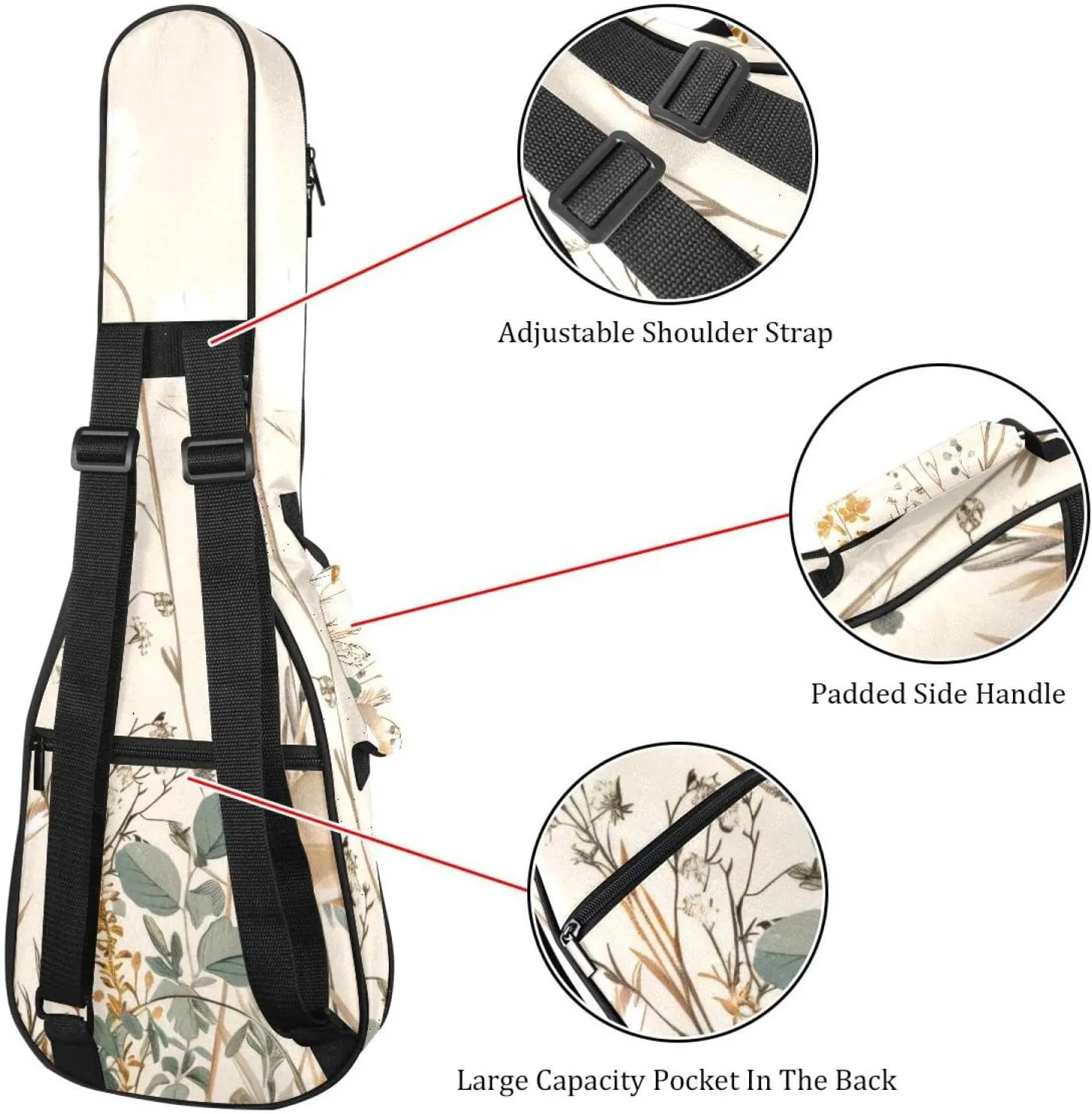 Wildflowers Beige White Vintage Ukulele Case, Padded Bag for 23 Inch Concert Ukulele, Waterproof & Durable