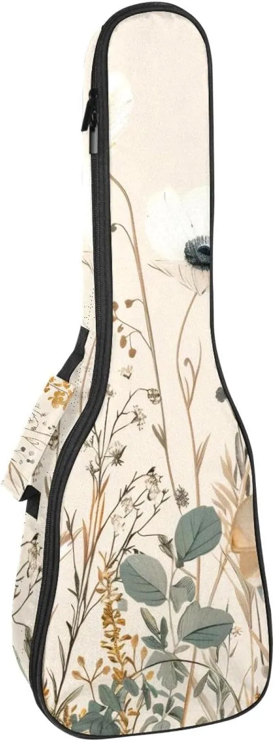 Wildflowers Beige White Vintage Ukulele Case, Padded Bag for 23 Inch Concert Ukulele, Waterproof & Durable