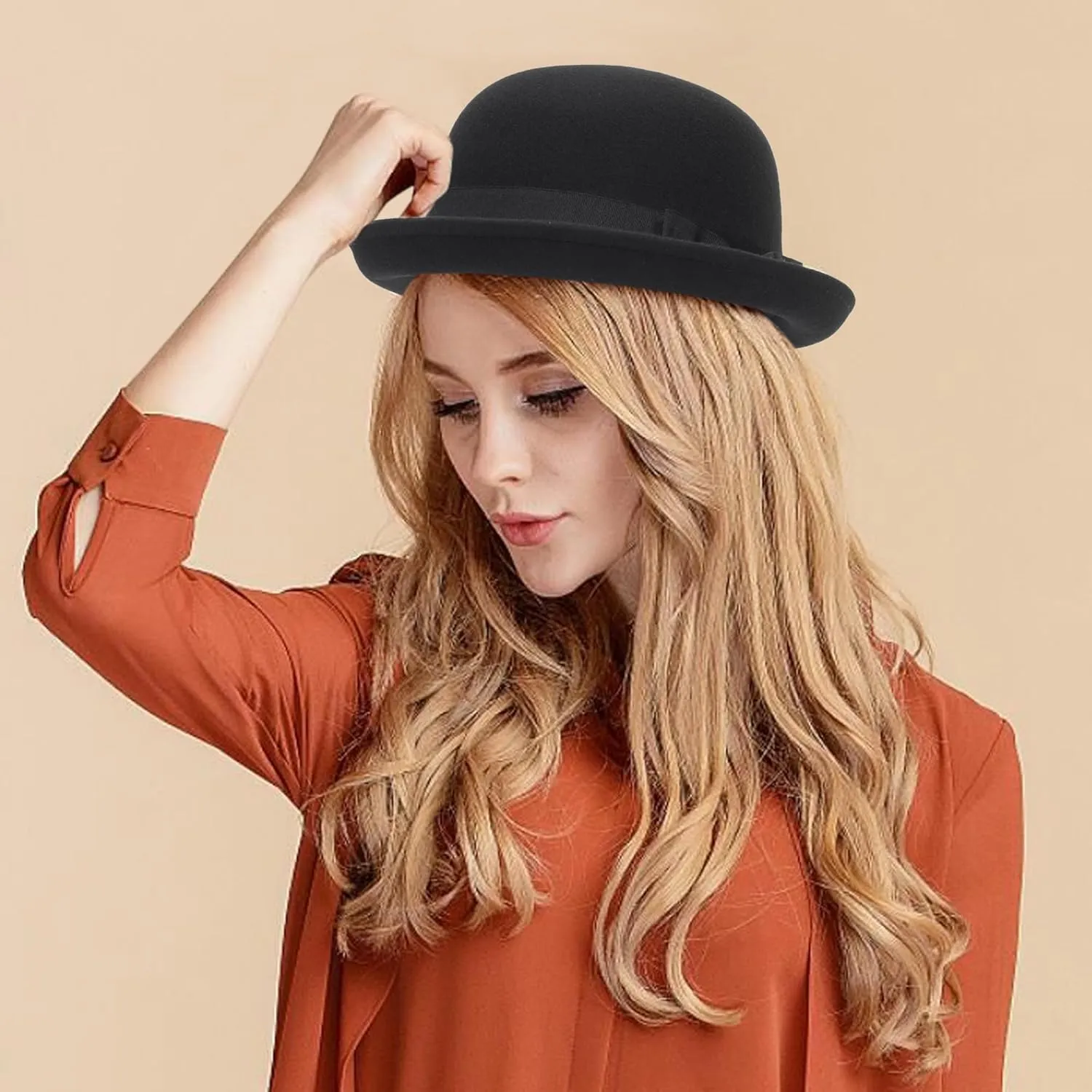Winter Wool Bowler Derby Hat - Classic Pork-Pie Hat Rolled Brim Fedora Hat for Men Women Crushable