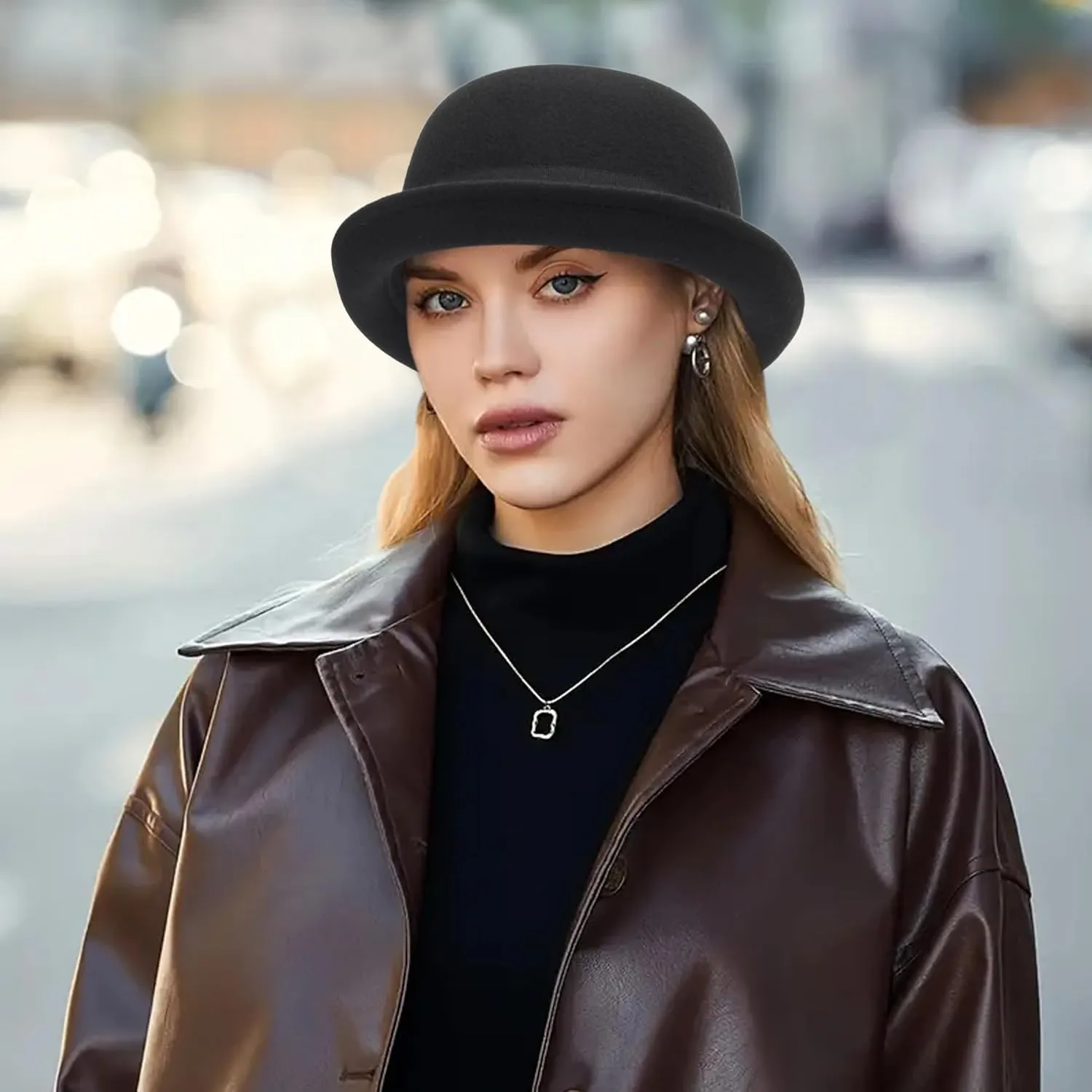 Winter Wool Bowler Derby Hat - Classic Pork-Pie Hat Rolled Brim Fedora Hat for Men Women Crushable
