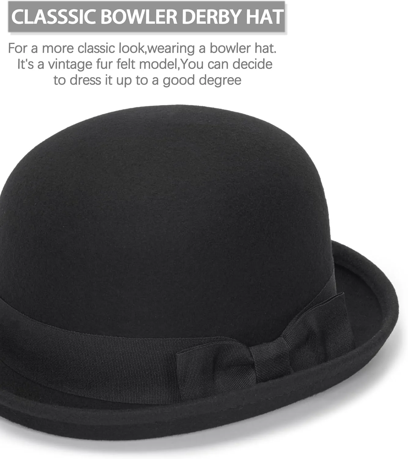 Winter Wool Bowler Derby Hat - Classic Pork-Pie Hat Rolled Brim Fedora Hat for Men Women Crushable