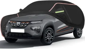 WOLWES Car Cover are Suitable for Dacia Spring All-Weather Windproof, Snowproof, Rainproof, UV-Protected and Breathable All-Season Universal with Side Door Zip Oxford Cloth Car Cover (Color : Black)