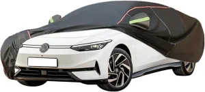 WOLWES Car Cover are Suitable for Volkswagen ID.7 All-Weather Windproof, Snowproof, Rainproof, UV-Protected and Breathable All-Season Universal with Side Door Zip Oxford Cloth Car Cover (Color : Blac