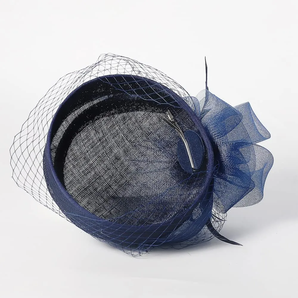 Woman Sinamay Fascinator Hat Pillbox Derby Hats Linen Feather with Veil Vintage Bridal Wedding Tea Party Cap