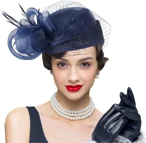 Woman Sinamay Fascinator Hat Pillbox Derby Hats Linen Feather with Veil Vintage Bridal Wedding Tea Party Cap