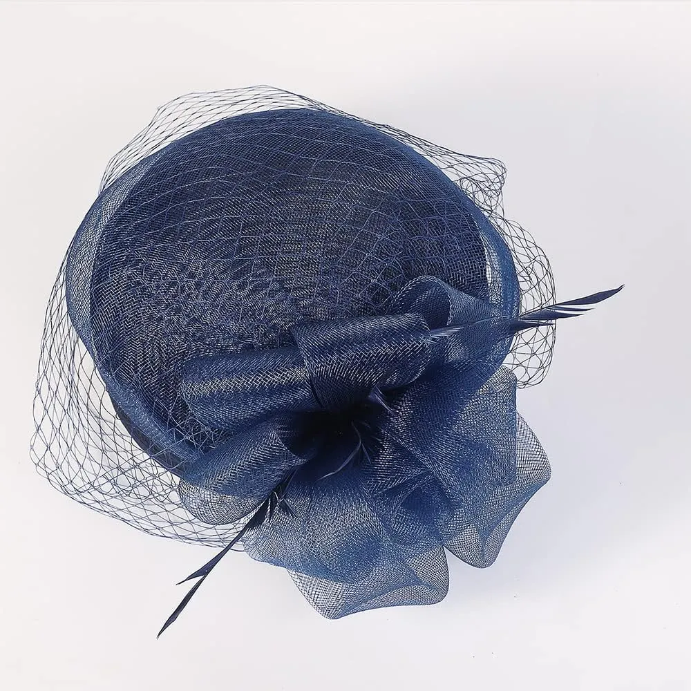 Woman Sinamay Fascinator Hat Pillbox Derby Hats Linen Feather with Veil Vintage Bridal Wedding Tea Party Cap