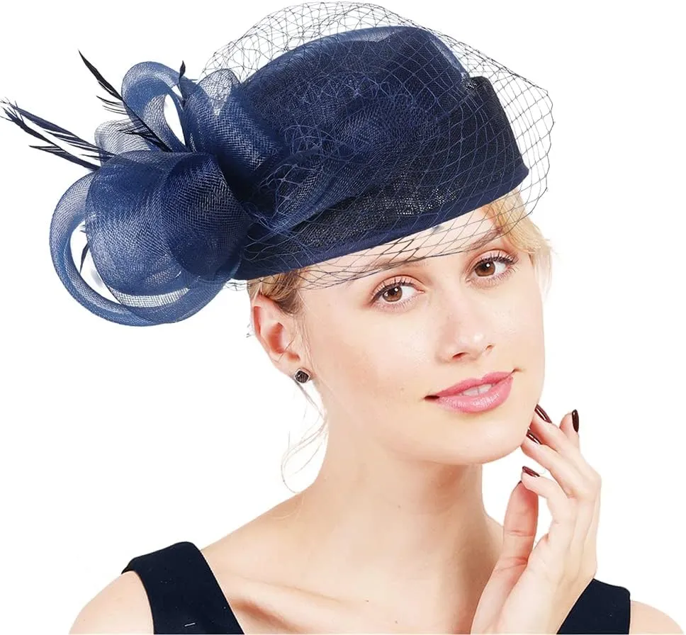 Woman Sinamay Fascinator Hat Pillbox Derby Hats Linen Feather with Veil Vintage Bridal Wedding Tea Party Cap