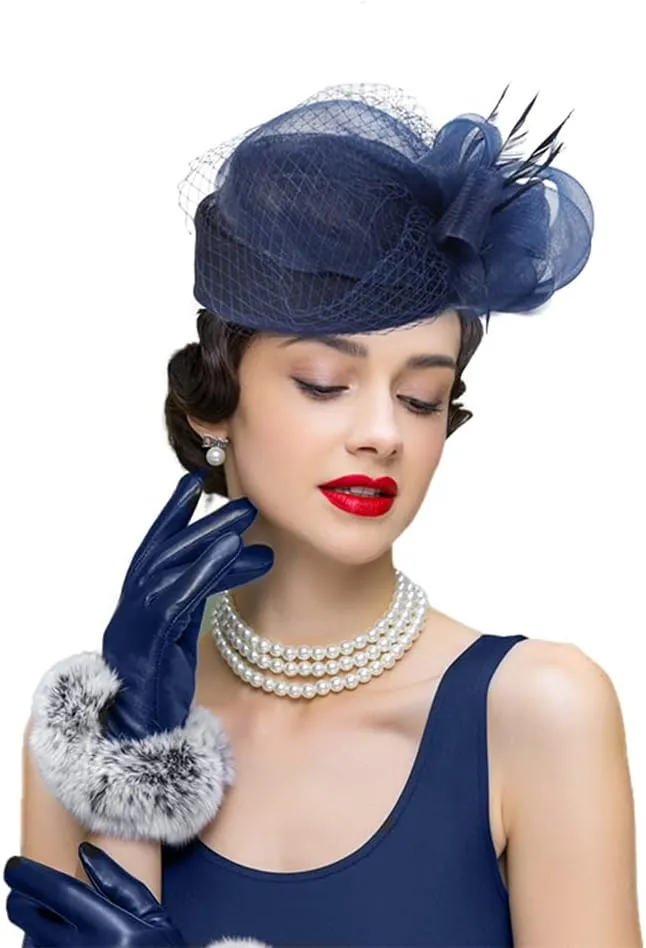 Woman Sinamay Fascinator Hat Pillbox Derby Hats Linen Feather with Veil Vintage Bridal Wedding Tea Party Cap