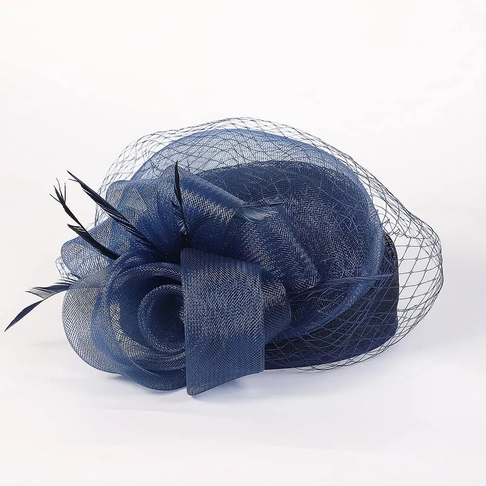 Woman Sinamay Fascinator Hat Pillbox Derby Hats Linen Feather with Veil Vintage Bridal Wedding Tea Party Cap