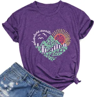 Women Adventure Awaits Outdoor Graphic Tee Shirt Kindness Heart Printed Hike Mountain Nature Travel Shirt Workout Tops