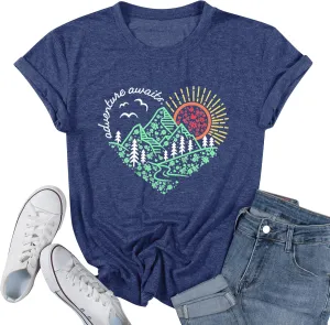 Women Adventure Awaits Outdoor Graphic Tee Shirt Kindness Heart Printed Hike Mountain Nature Travel Shirt Workout Tops