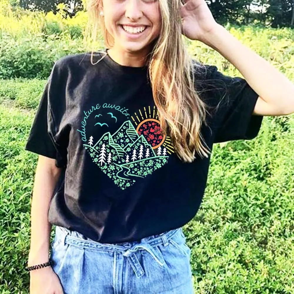 Women Adventure Awaits Outdoor Graphic Tee Shirt Kindness Heart Printed Hike Mountain Nature Travel Shirt Workout Tops