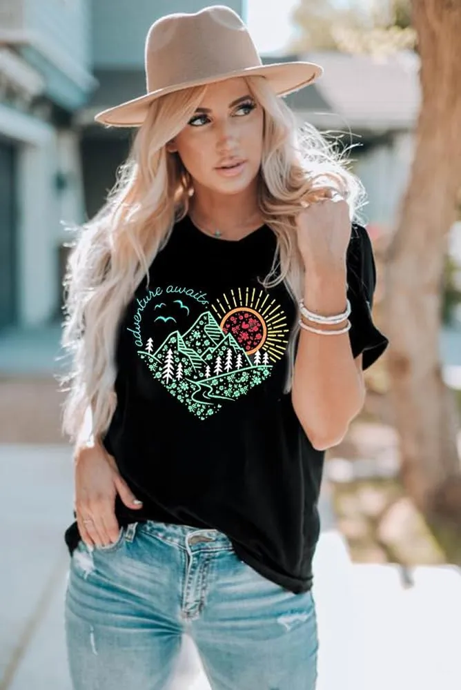 Women Adventure Awaits Outdoor Graphic Tee Shirt Kindness Heart Printed Hike Mountain Nature Travel Shirt Workout Tops