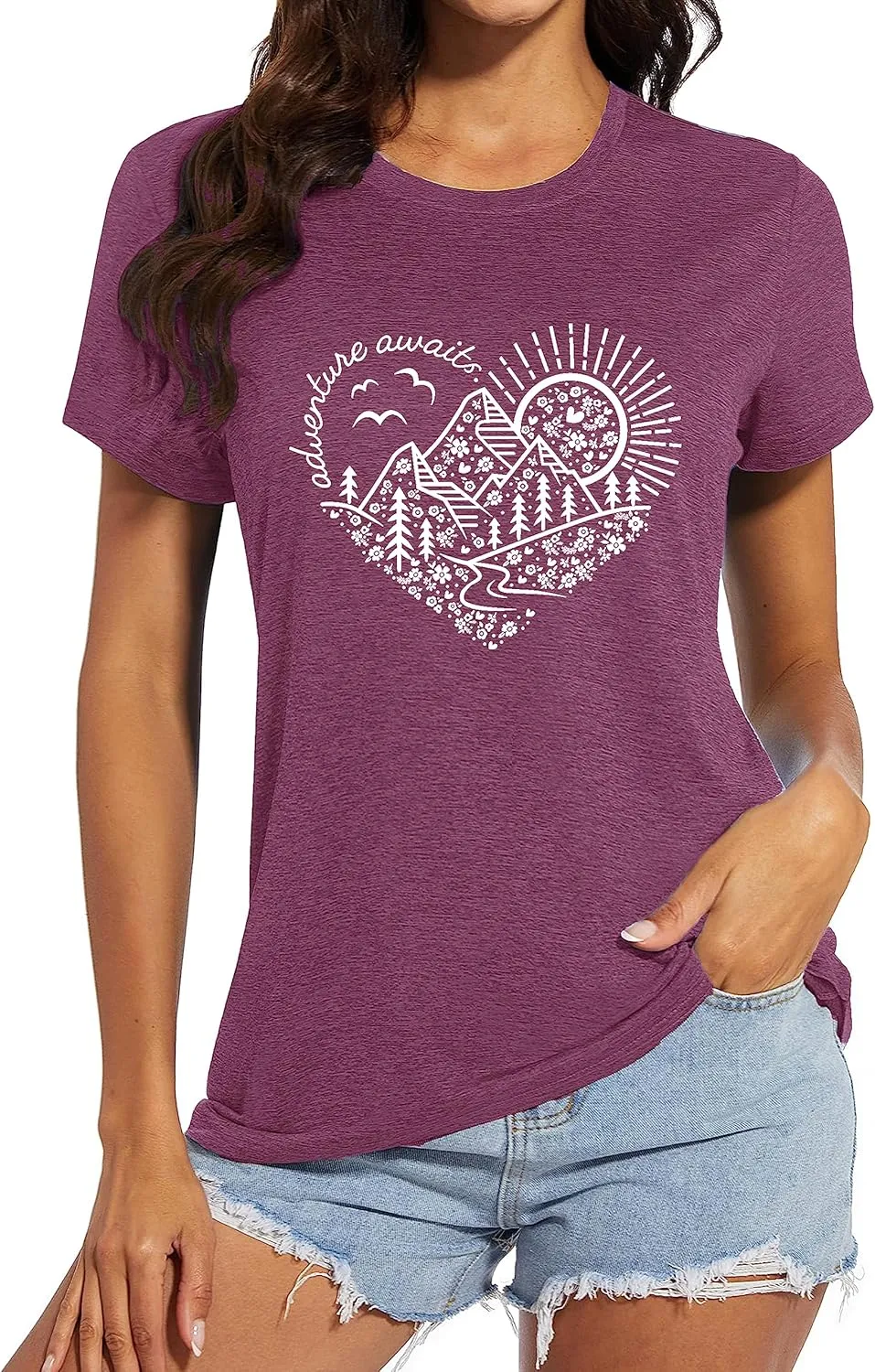 Women Adventure Awaits Outdoor Graphic Tee Shirt Kindness Heart Printed Hike Mountain Nature Travel Shirt Workout Tops