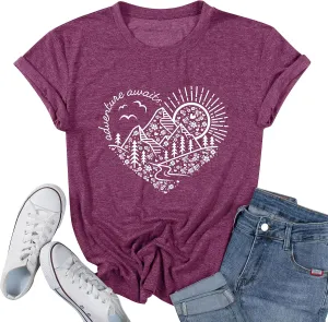 Women Adventure Awaits Outdoor Graphic Tee Shirt Kindness Heart Printed Hike Mountain Nature Travel Shirt Workout Tops