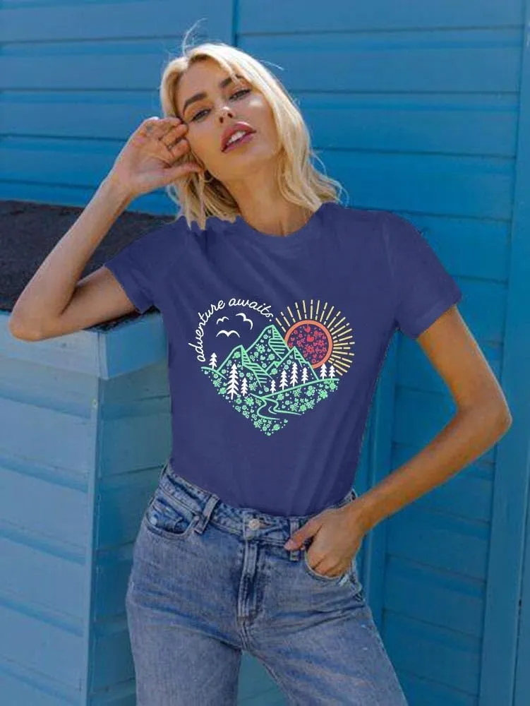 Women Adventure Awaits Outdoor Graphic Tee Shirt Kindness Heart Printed Hike Mountain Nature Travel Shirt Workout Tops