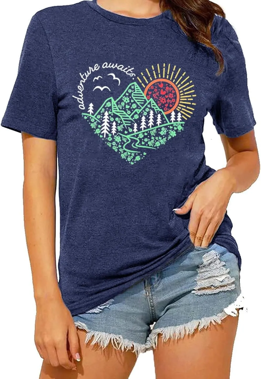 Women Adventure Awaits Outdoor Graphic Tee Shirt Kindness Heart Printed Hike Mountain Nature Travel Shirt Workout Tops
