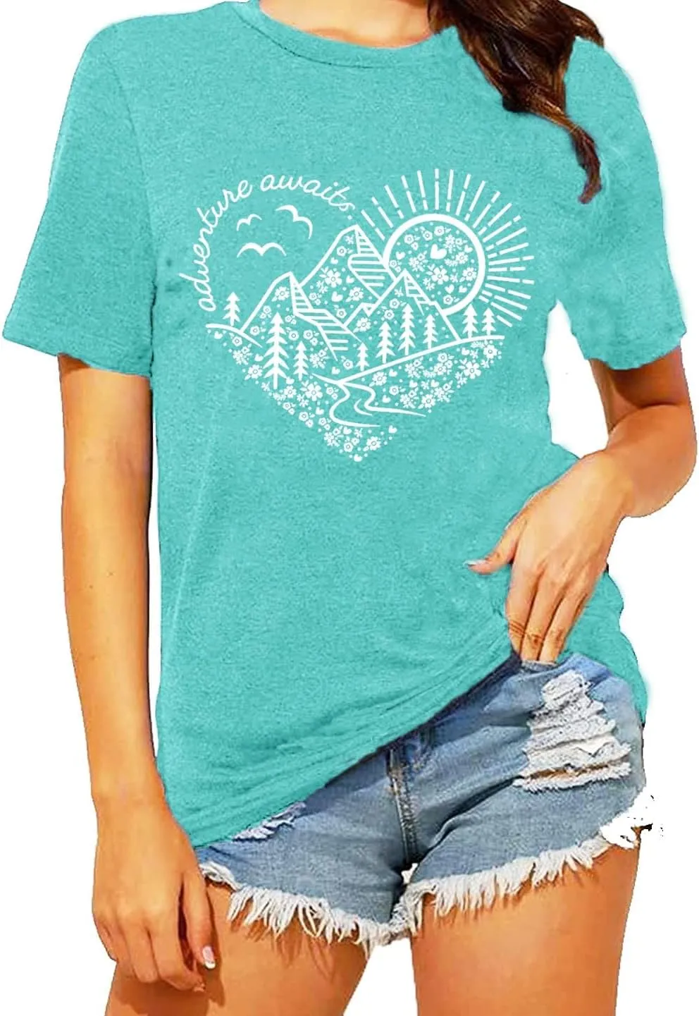 Women Adventure Awaits Outdoor Graphic Tee Shirt Kindness Heart Printed Hike Mountain Nature Travel Shirt Workout Tops
