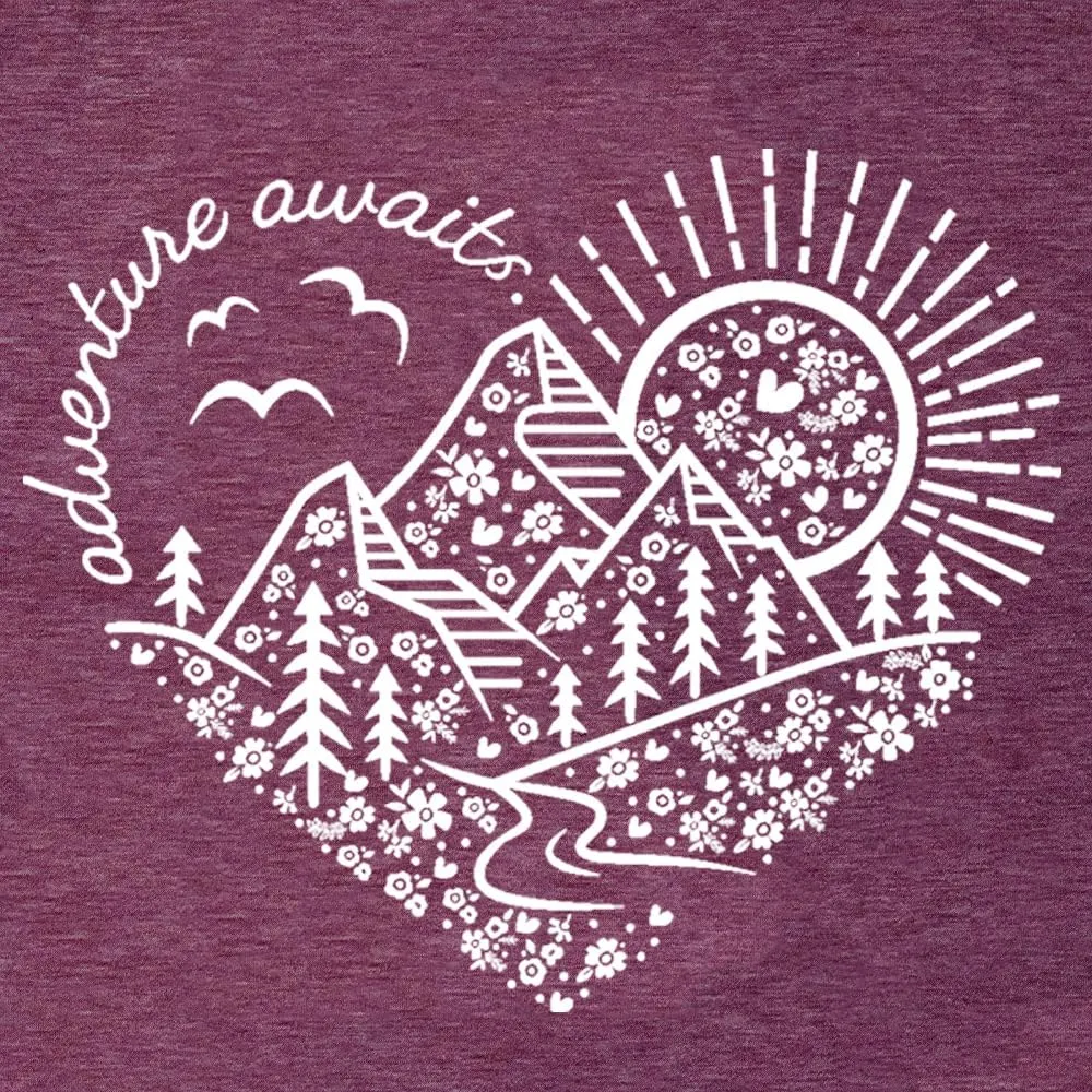 Women Adventure Awaits Outdoor Graphic Tee Shirt Kindness Heart Printed Hike Mountain Nature Travel Shirt Workout Tops