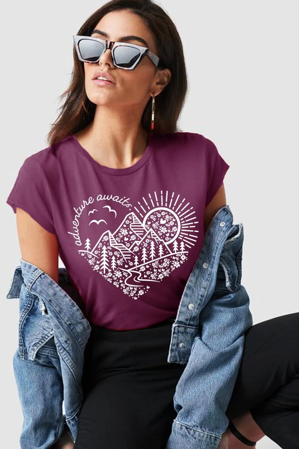 Women Adventure Awaits Outdoor Graphic Tee Shirt Kindness Heart Printed Hike Mountain Nature Travel Shirt Workout Tops