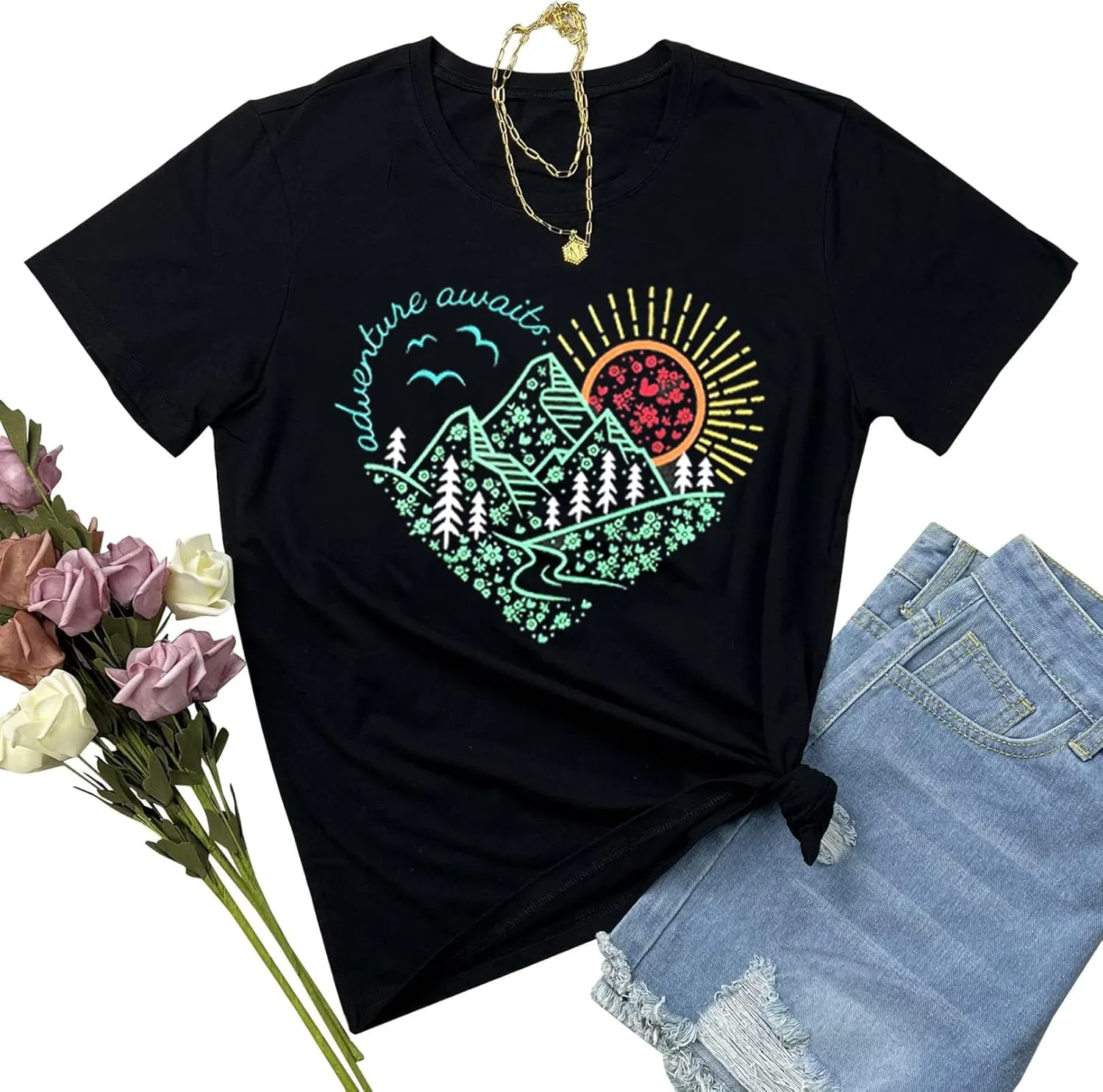 Women Adventure Awaits Outdoor Graphic Tee Shirt Kindness Heart Printed Hike Mountain Nature Travel Shirt Workout Tops