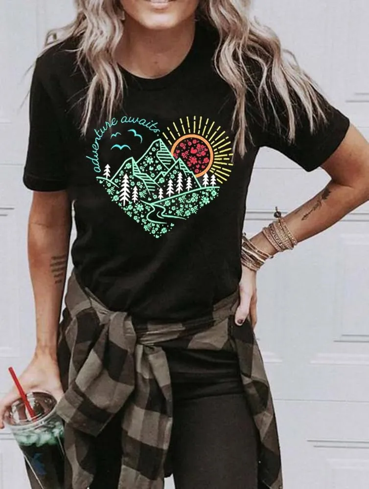Women Adventure Awaits Outdoor Graphic Tee Shirt Kindness Heart Printed Hike Mountain Nature Travel Shirt Workout Tops