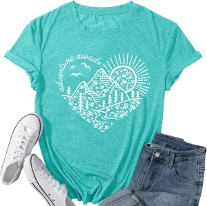 Women Adventure Awaits Outdoor Graphic Tee Shirt Kindness Heart Printed Hike Mountain Nature Travel Shirt Workout Tops