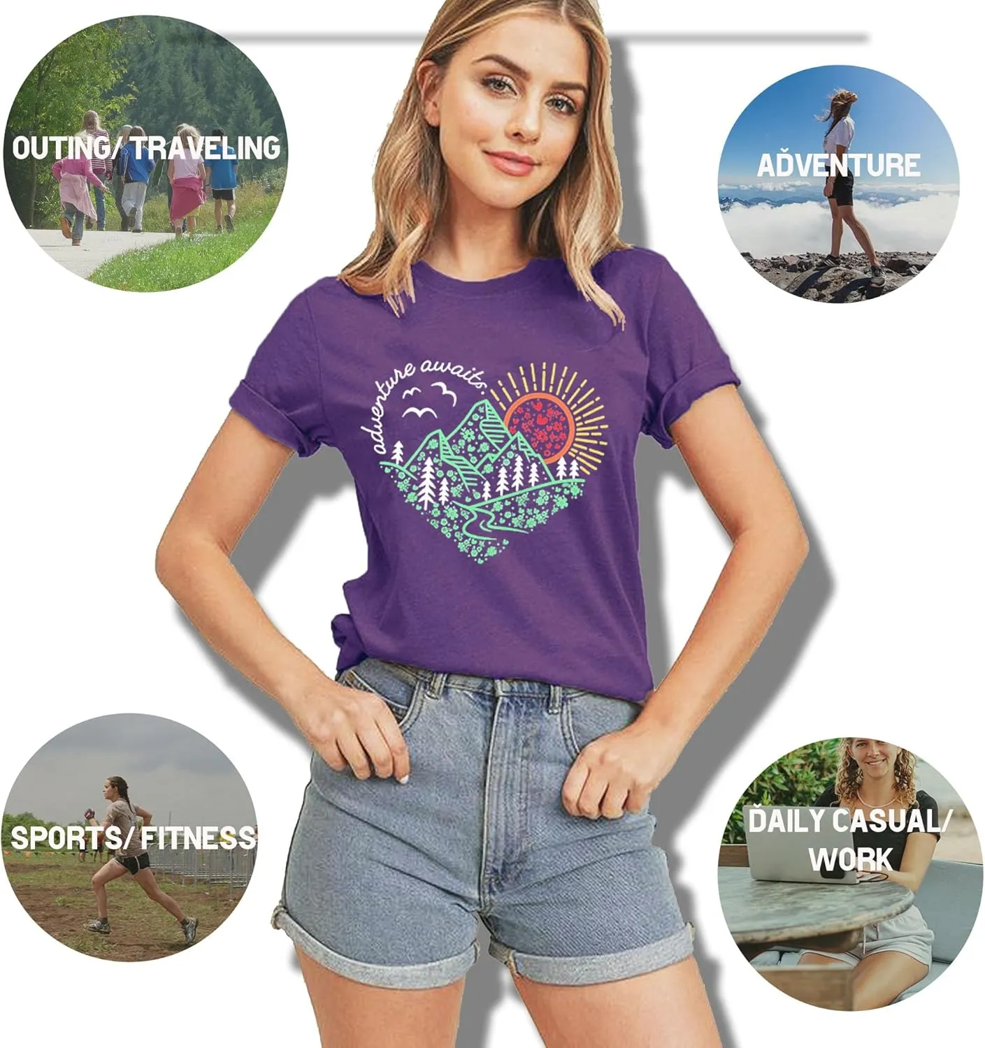 Women Adventure Awaits Outdoor Graphic Tee Shirt Kindness Heart Printed Hike Mountain Nature Travel Shirt Workout Tops