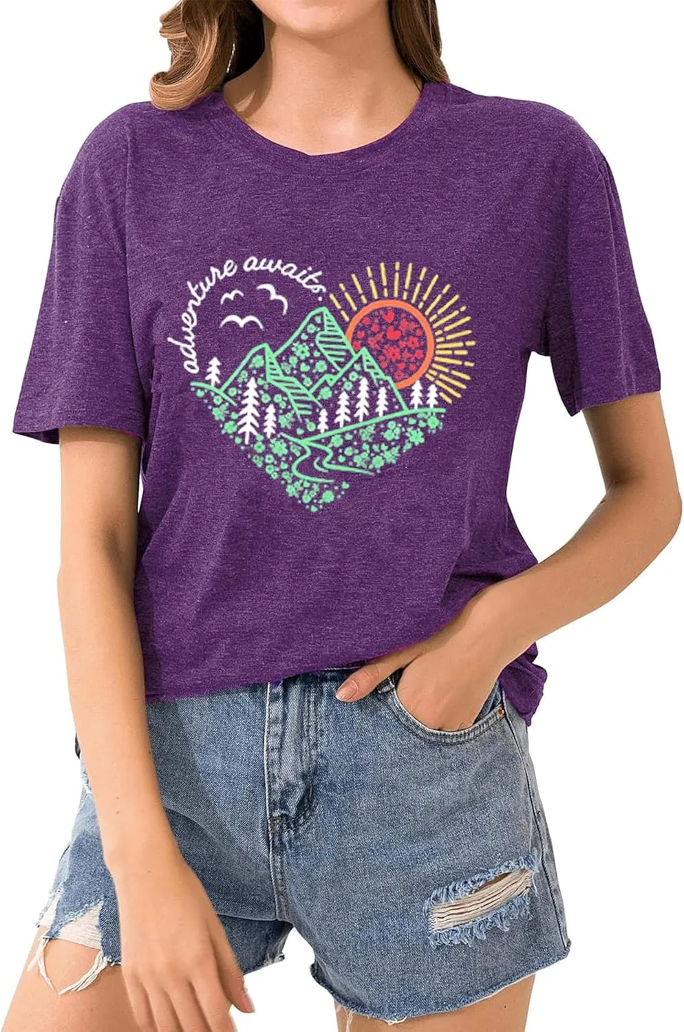 Women Adventure Awaits Outdoor Graphic Tee Shirt Kindness Heart Printed Hike Mountain Nature Travel Shirt Workout Tops
