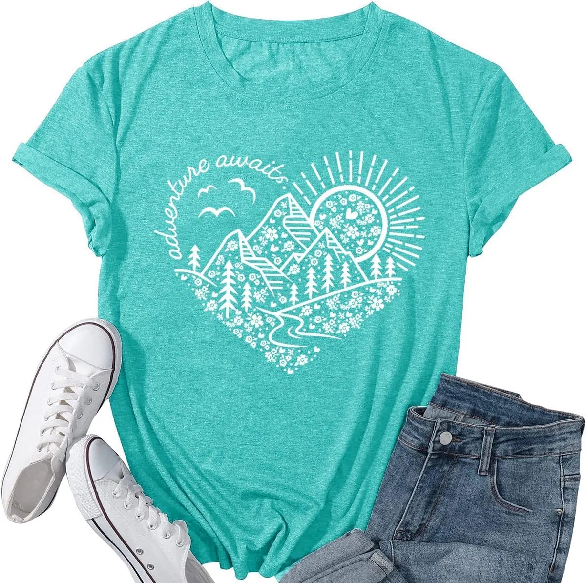 Women Adventure Awaits Outdoor Graphic Tee Shirt Kindness Heart Printed Hike Mountain Nature Travel Shirt Workout Tops