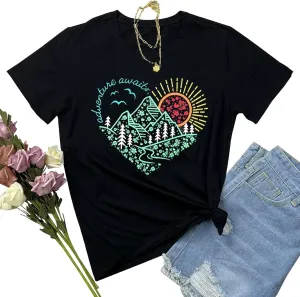 Women Adventure Awaits Outdoor Graphic Tee Shirt Kindness Heart Printed Hike Mountain Nature Travel Shirt Workout Tops