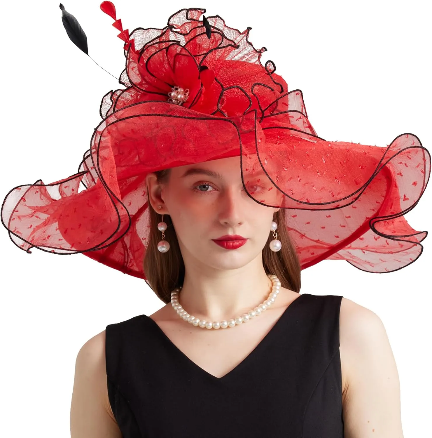 Women Elegant Organza Derby Hat Wide Brim Sun Hats for Wedding Tea Party Fascinator Hat