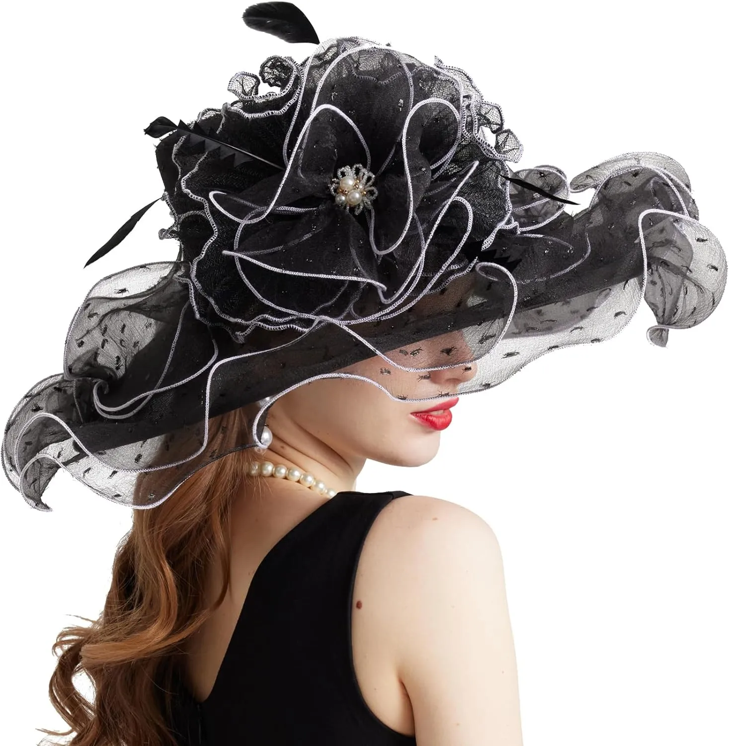 Women Elegant Organza Derby Hat Wide Brim Sun Hats for Wedding Tea Party Fascinator Hat