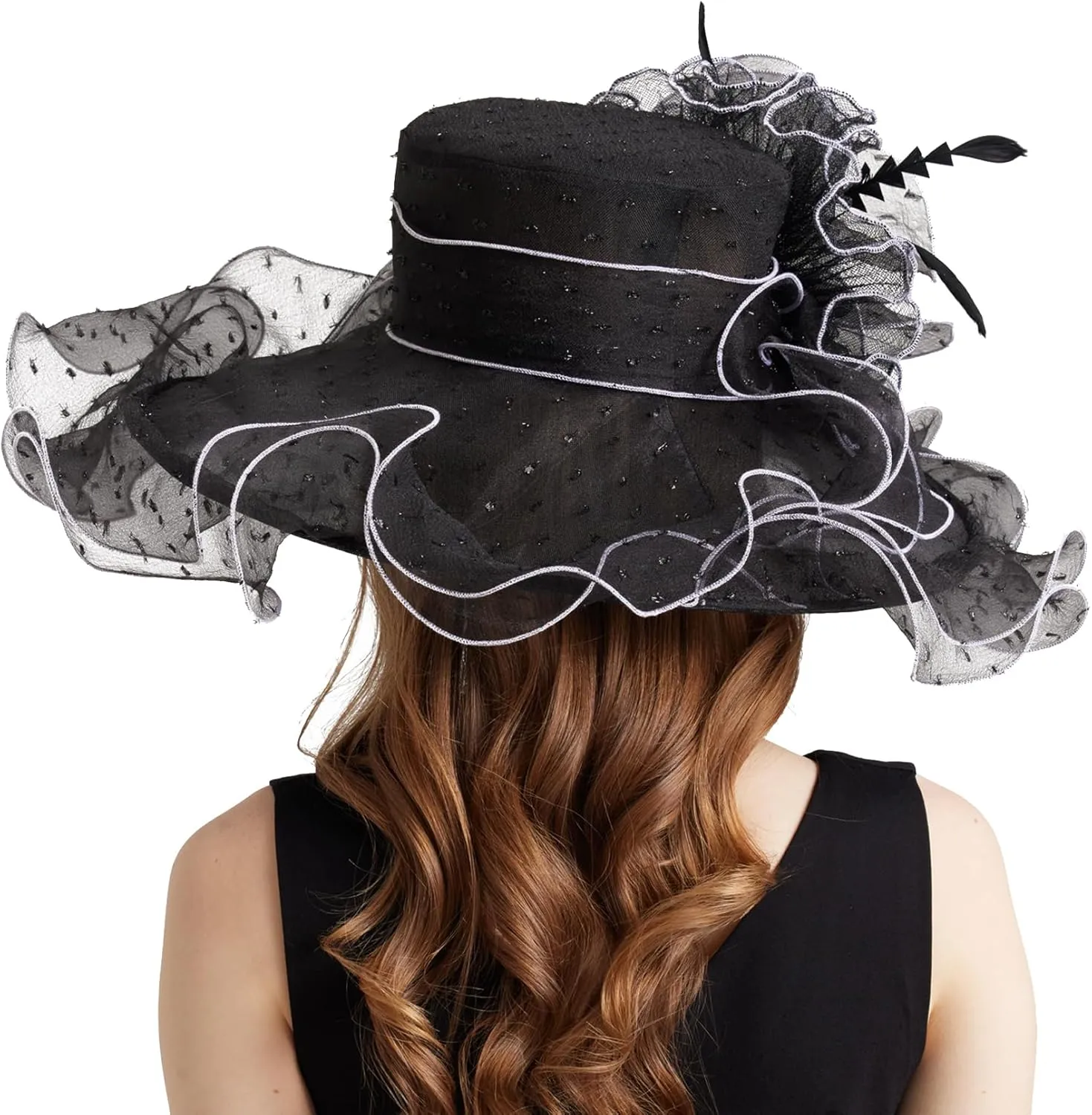 Women Elegant Organza Derby Hat Wide Brim Sun Hats for Wedding Tea Party Fascinator Hat