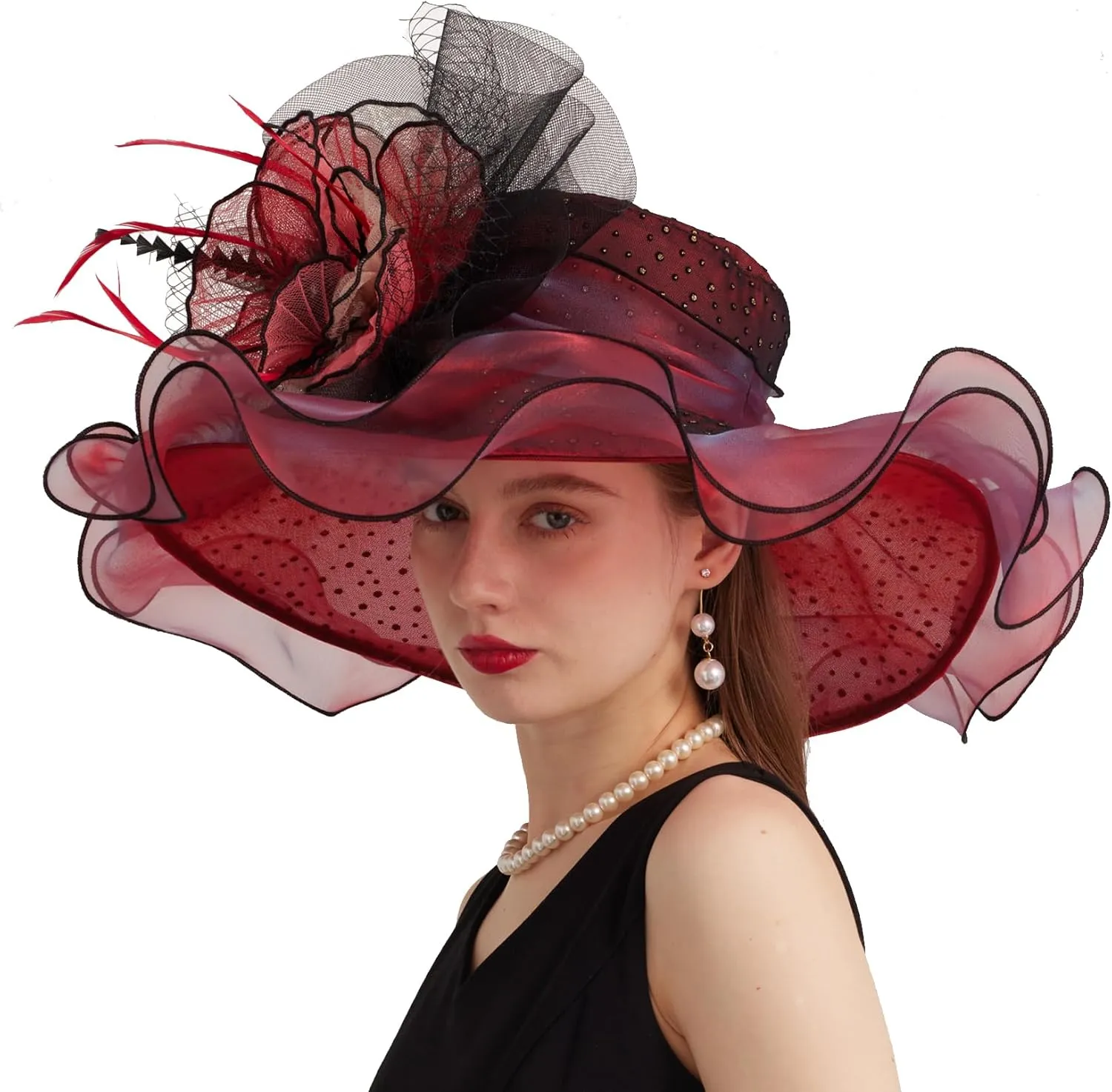 Women Elegant Organza Derby Hat Wide Brim Sun Hats for Wedding Tea Party Fascinator Hat