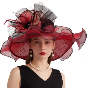 Women Elegant Organza Derby Hat Wide Brim Sun Hats for Wedding Tea Party Fascinator Hat