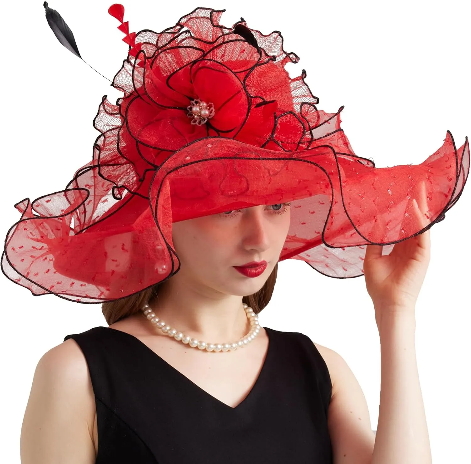 Women Elegant Organza Derby Hat Wide Brim Sun Hats for Wedding Tea Party Fascinator Hat